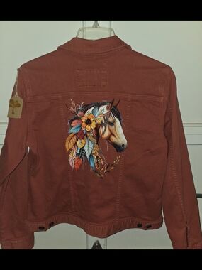 Eddie Bauer Rust Brown Denim Jacket with Colorful Horse Back Art...Year Of Horse